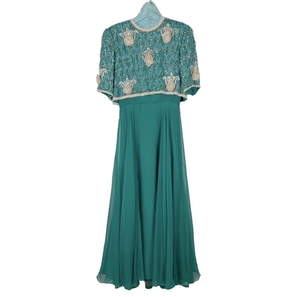 VINTAGE RICHILENE 70S SILK CHIFFON BEAD EMBELLISHED AQUA FORMAL EVENING GOWN - Picture 4 of 16